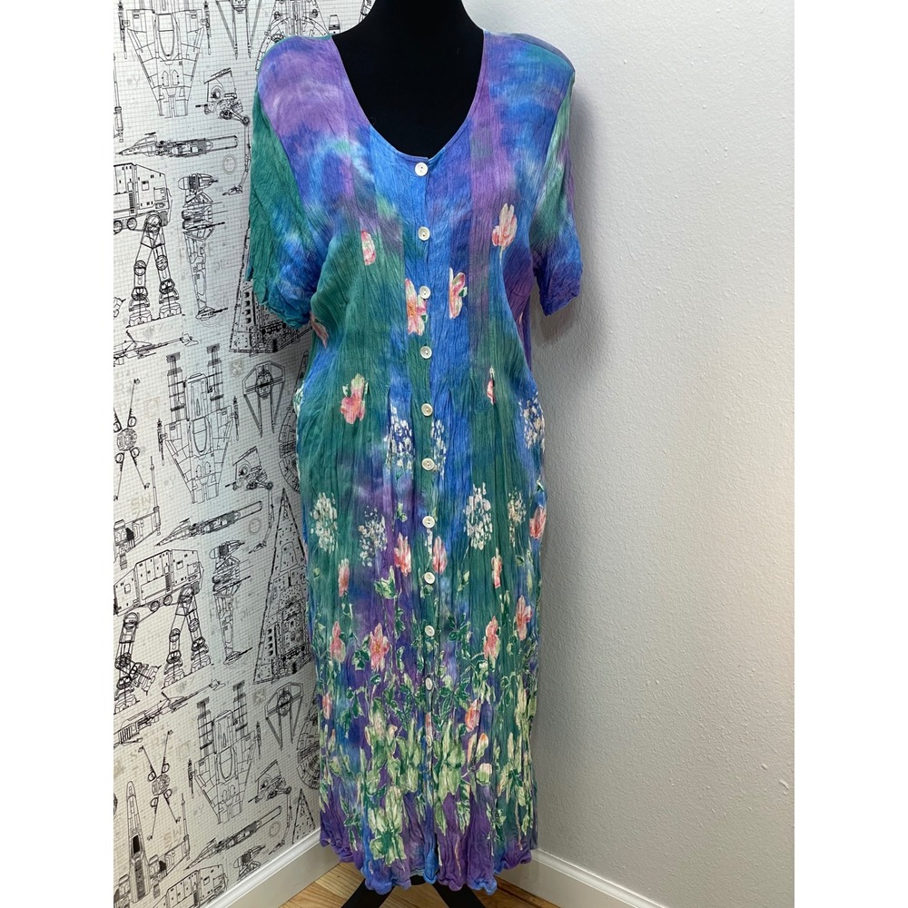 La Cera Maxi Dress Tie Dye Floral 3XL Blue Purple Green  Crinkle Button Front